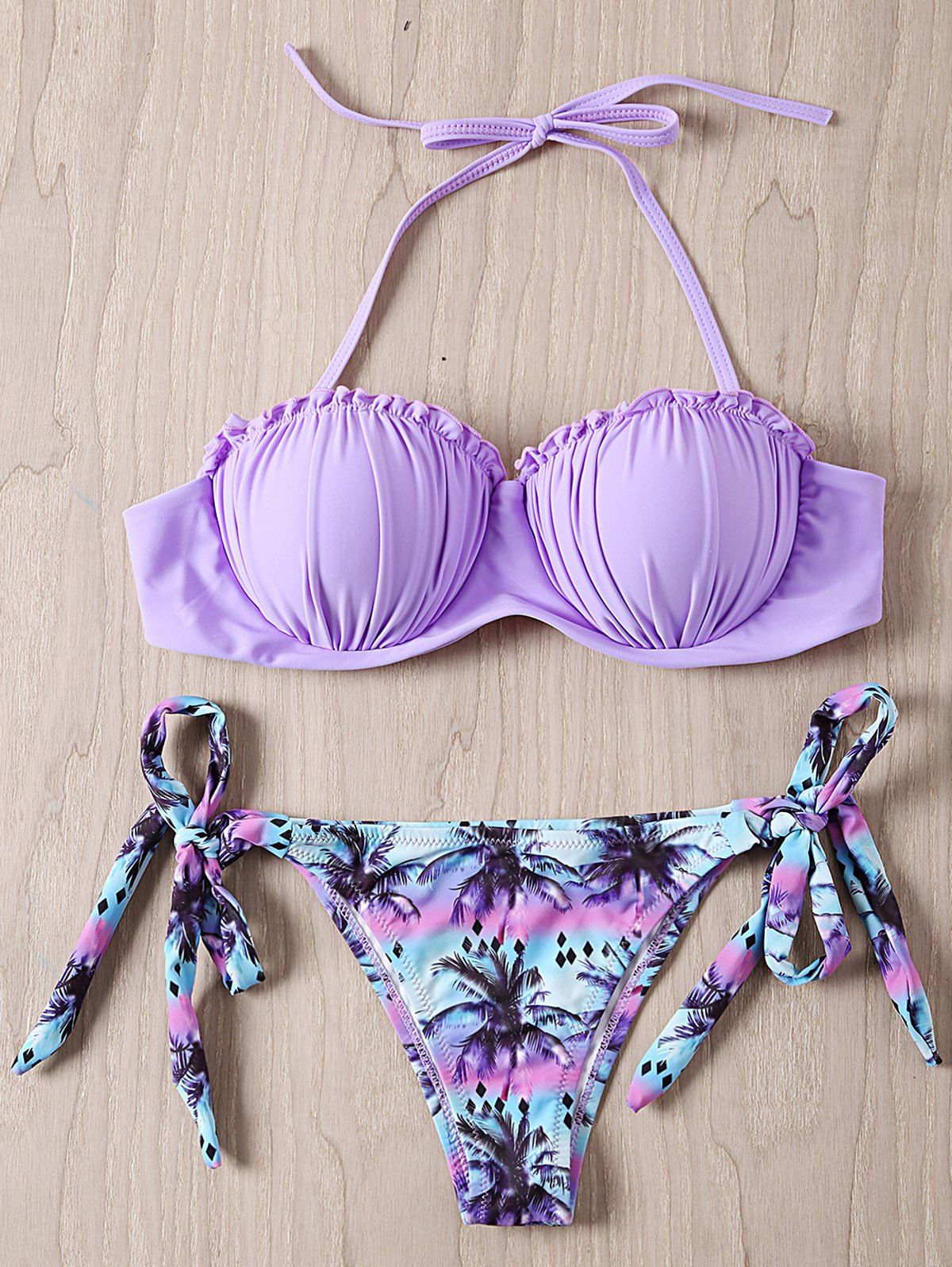 2018 Alluring Strapless Coconut Trees Printed Ruffled Bikini Set For