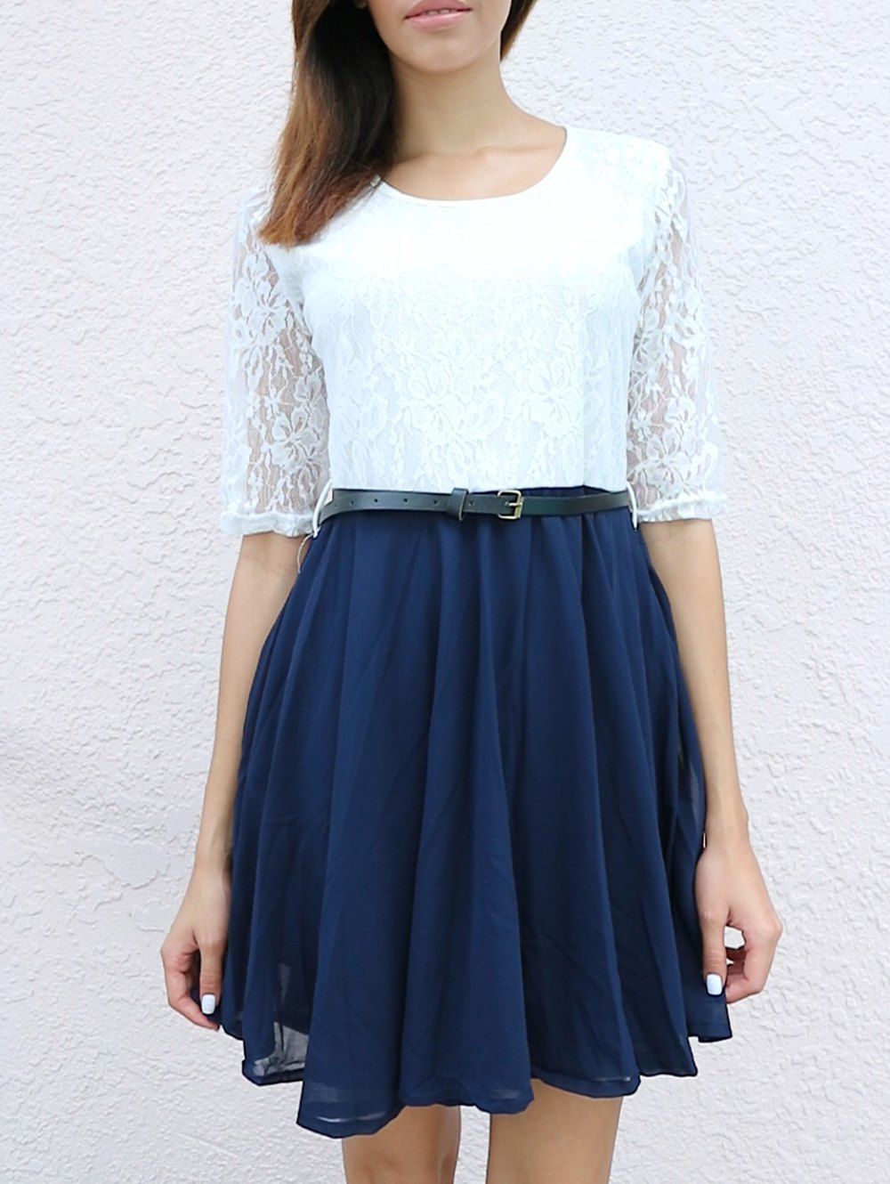 

Ladylike U Neck Lace Splicing Ruffled Half Sleeve Women's Dress, White