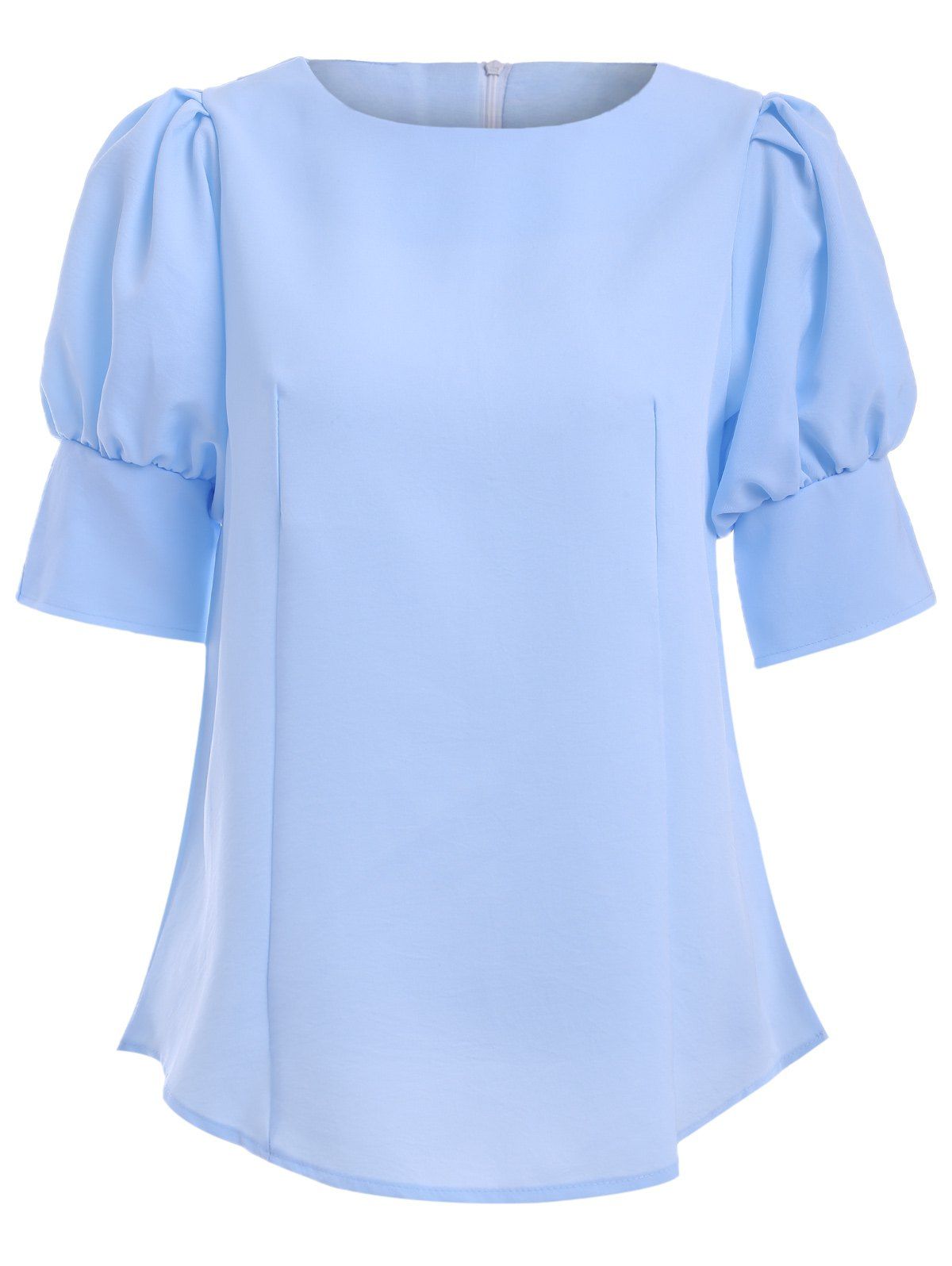 Light Blue Xl Brief Round Collar Puff Sleeve Solid Color Women's Blouse