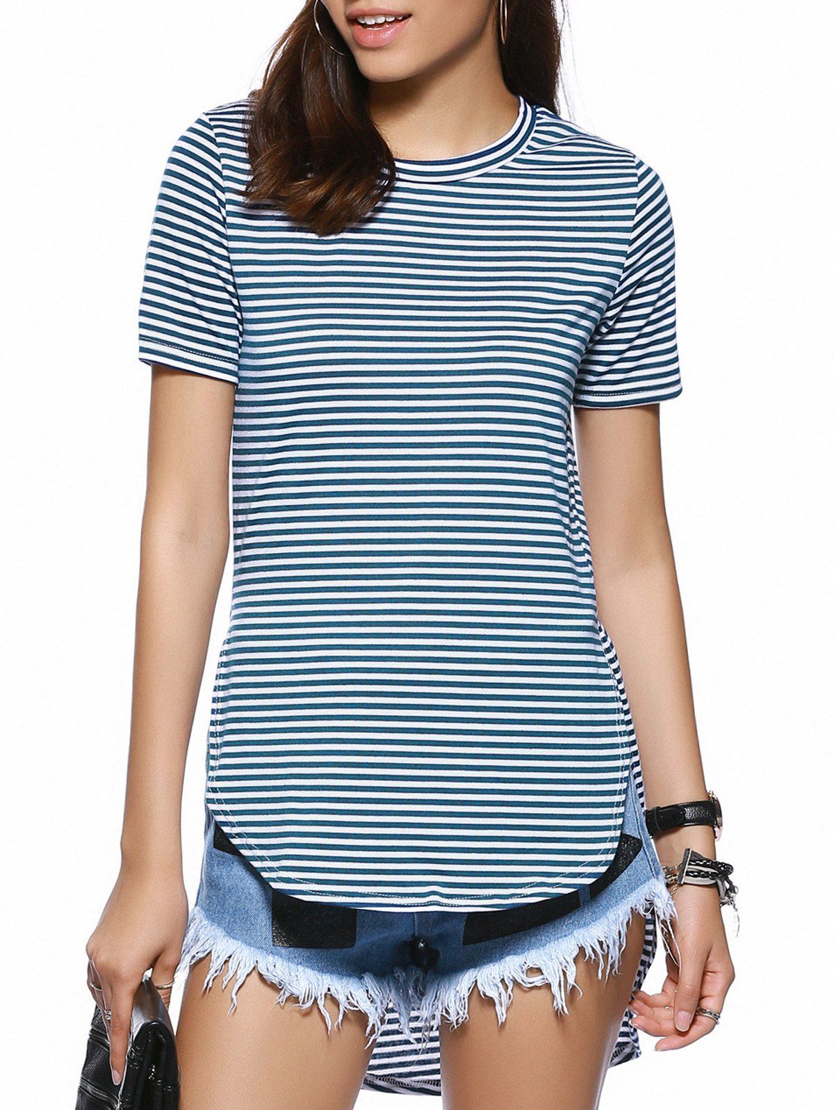 [18% OFF] Striped High Slit Asymmetric T-Shirt For Women | Rosegal