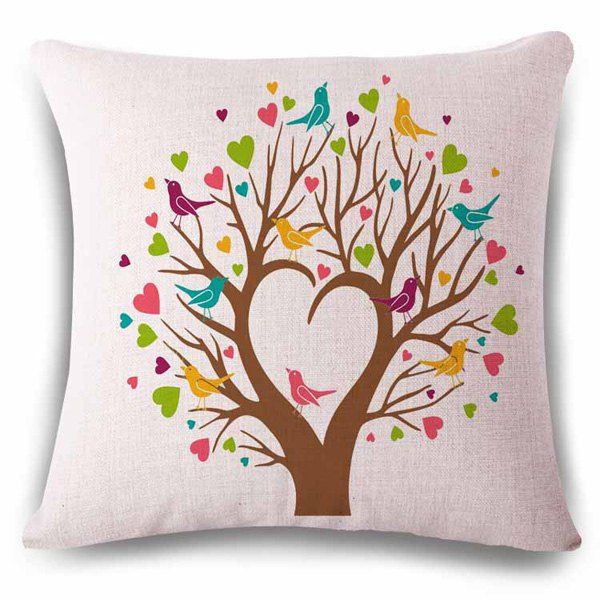 

Stylish Heart Shape Tree Birds Color Drawing Design Linen Pillowcase, Apricot