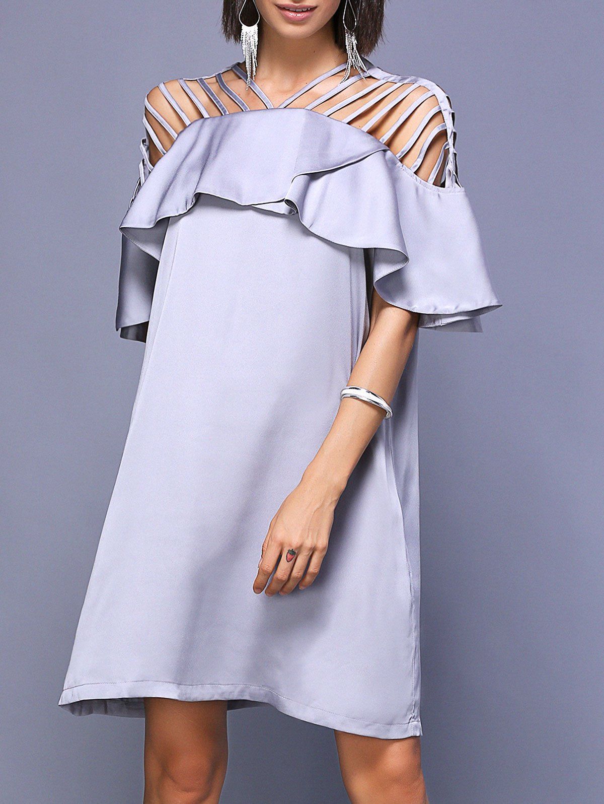 [34 OFF] Women's Stylish Cut Out Grey Ruffle Dress Rosegal