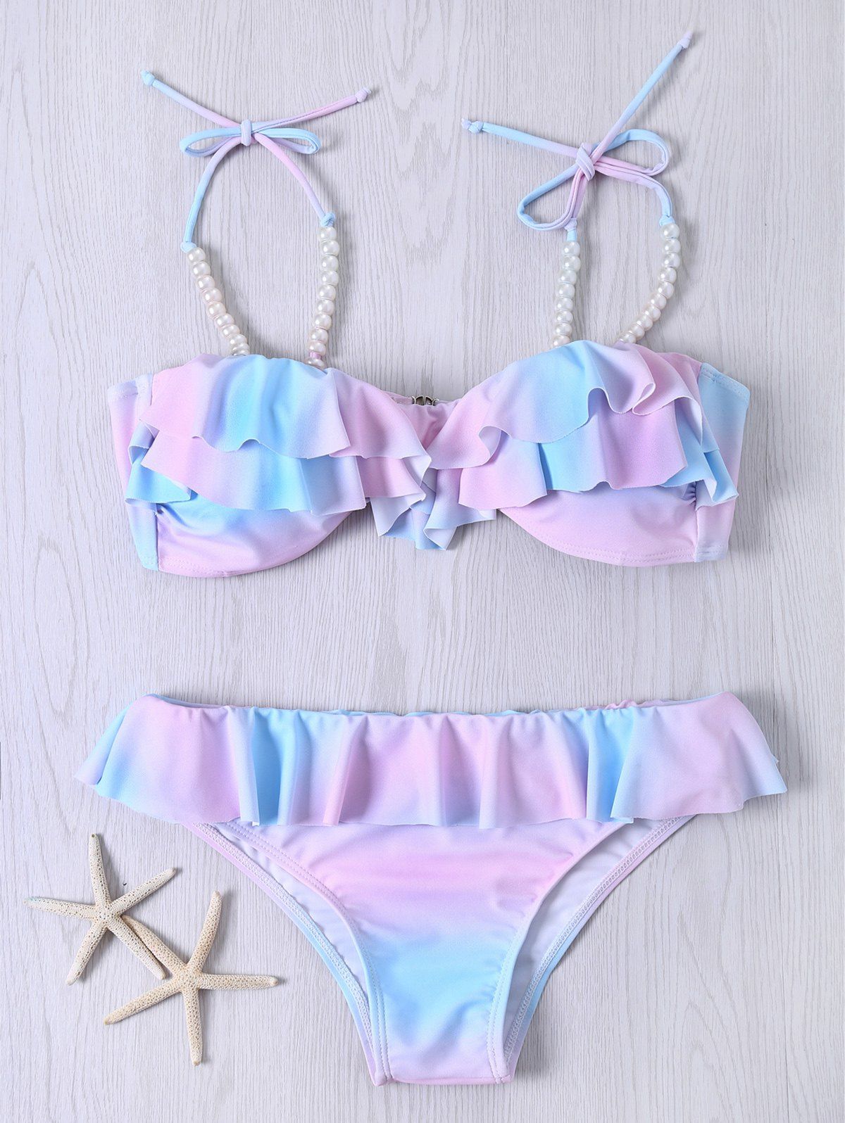 Outfits Cute Spaghetti Strap Flounced Beaded Color Ombre Bikini Set  