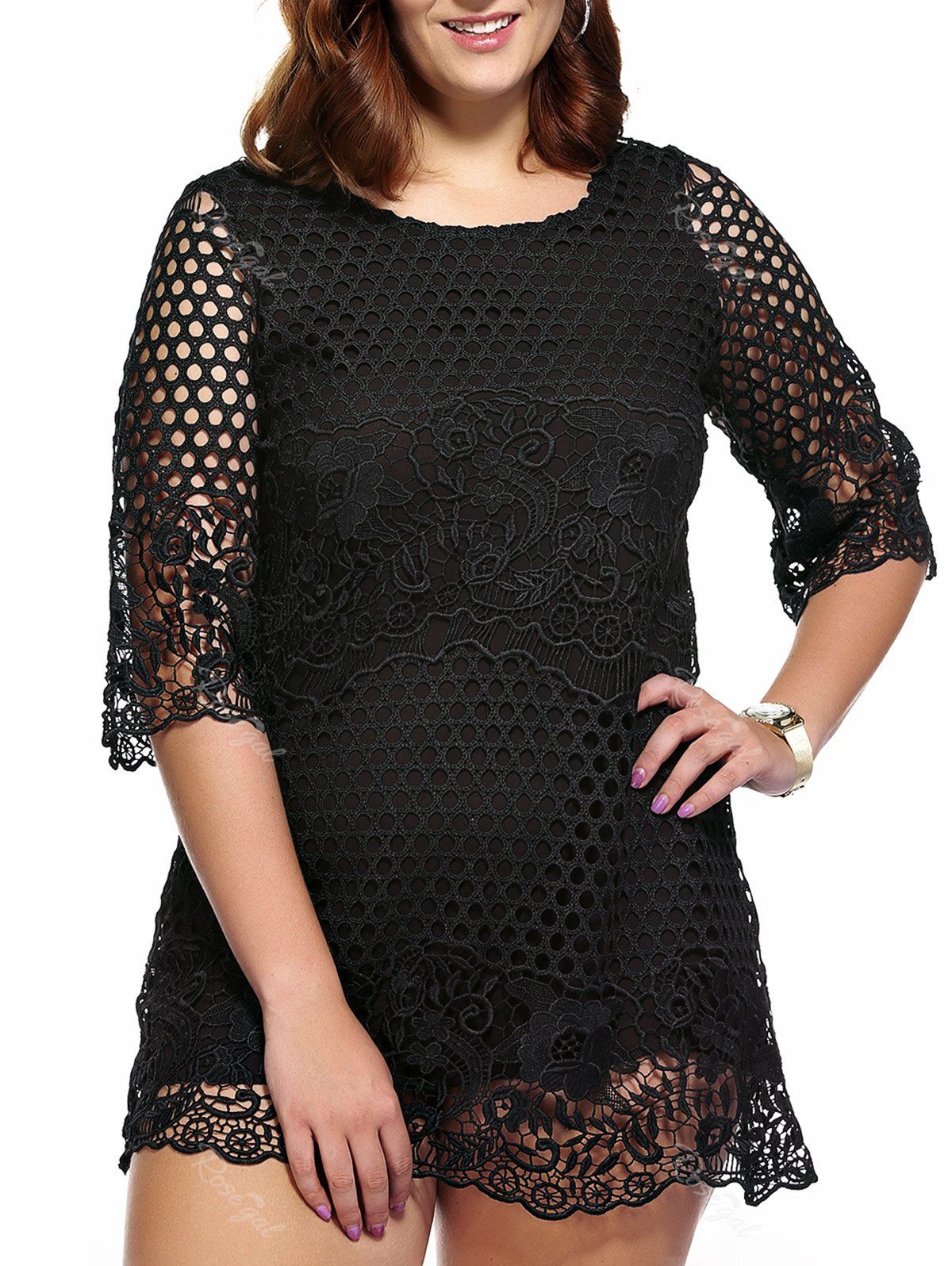 2018 Stylish Plus Size Cutwork Lace Overlay Dress For Women In Black ...