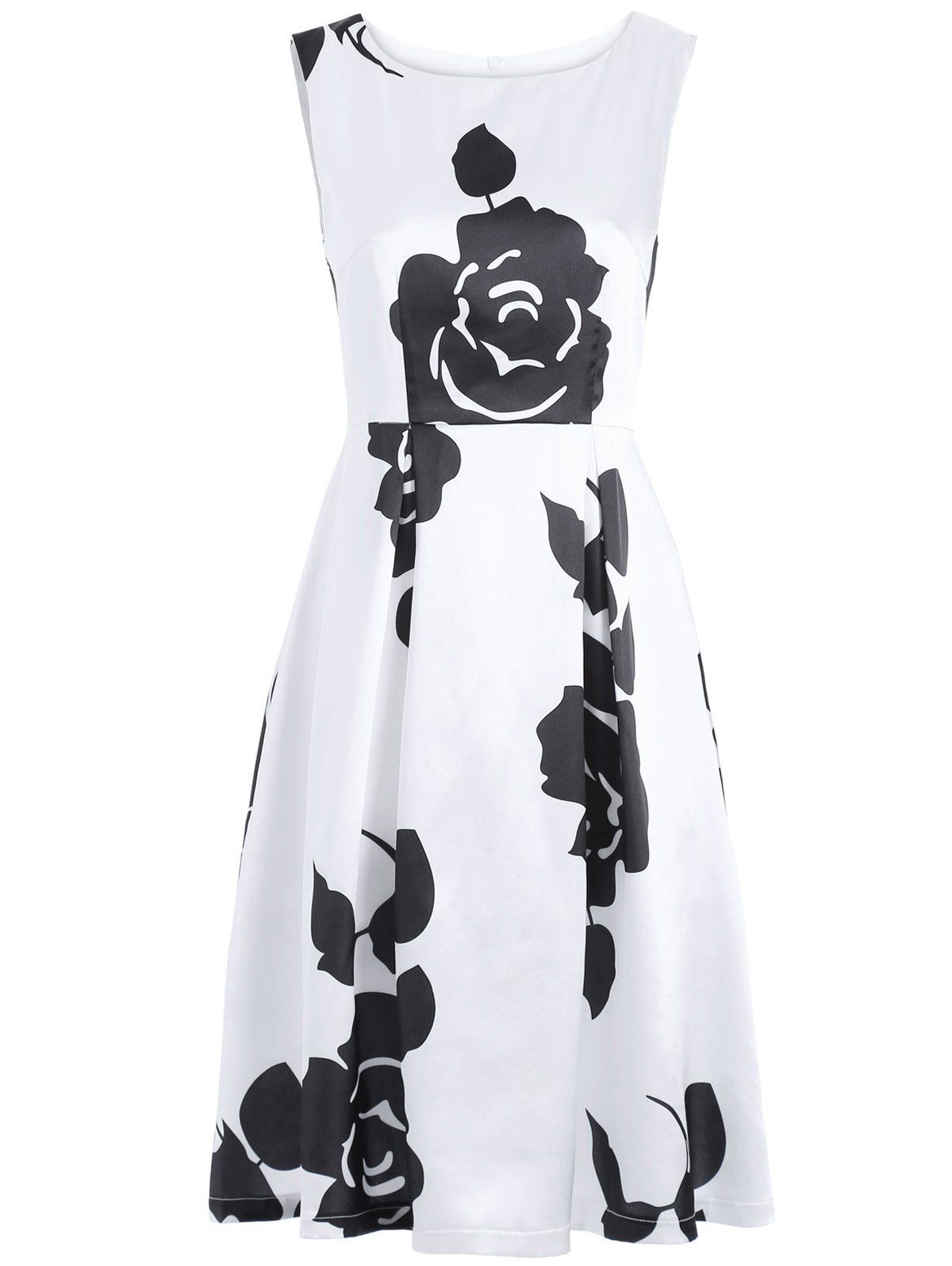 White Black S Vintage Round Neck Sleeveless Floral Print Dress