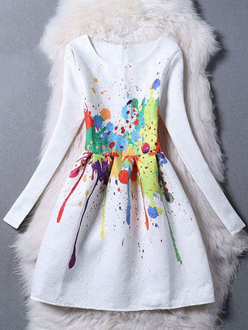 [59 OFF] Long Sleeve Splatter Paint Skater Dress Rosegal