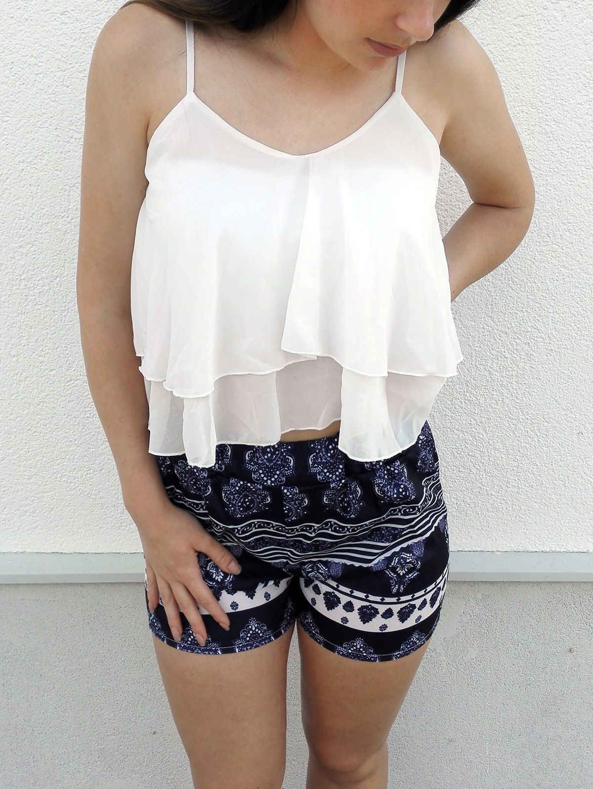 White M Stylish White Flounced Tank Top And Printed Shorts Women's ...