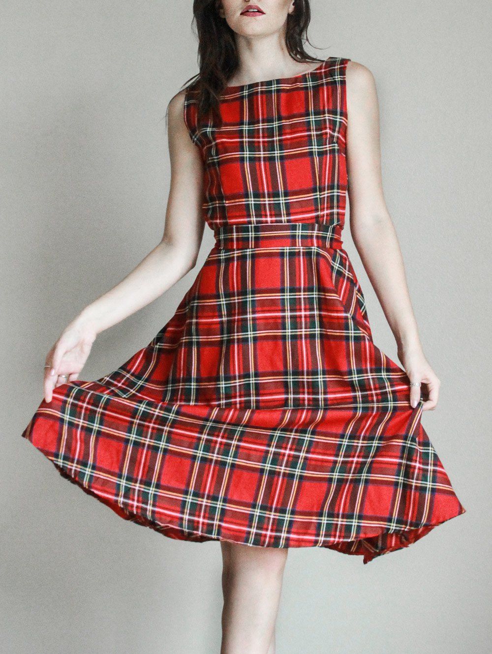 cheap plus size sleeveless plaid insert vintage dress