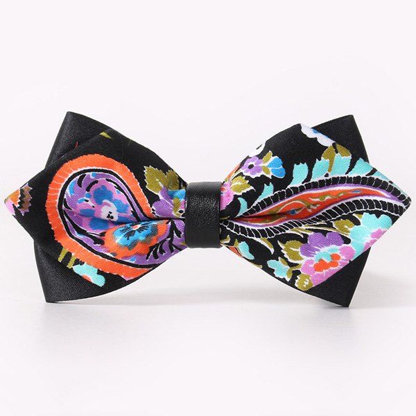 

Stylish Handpainted Paisley Pattern Faux Leather Cuff Bow Tie For Men, Black