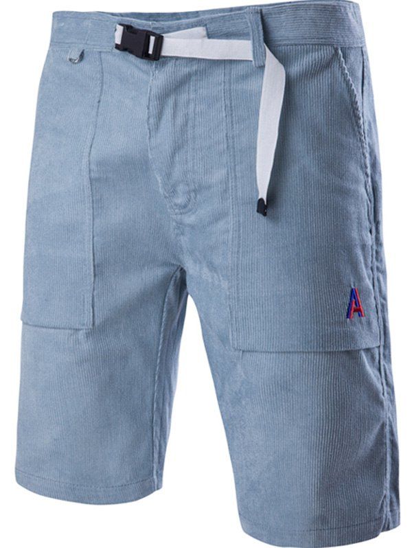 

Corduroy Zipper Fly Plastic Buckle Design Embroidery Straight Leg Shorts For Men, Azure