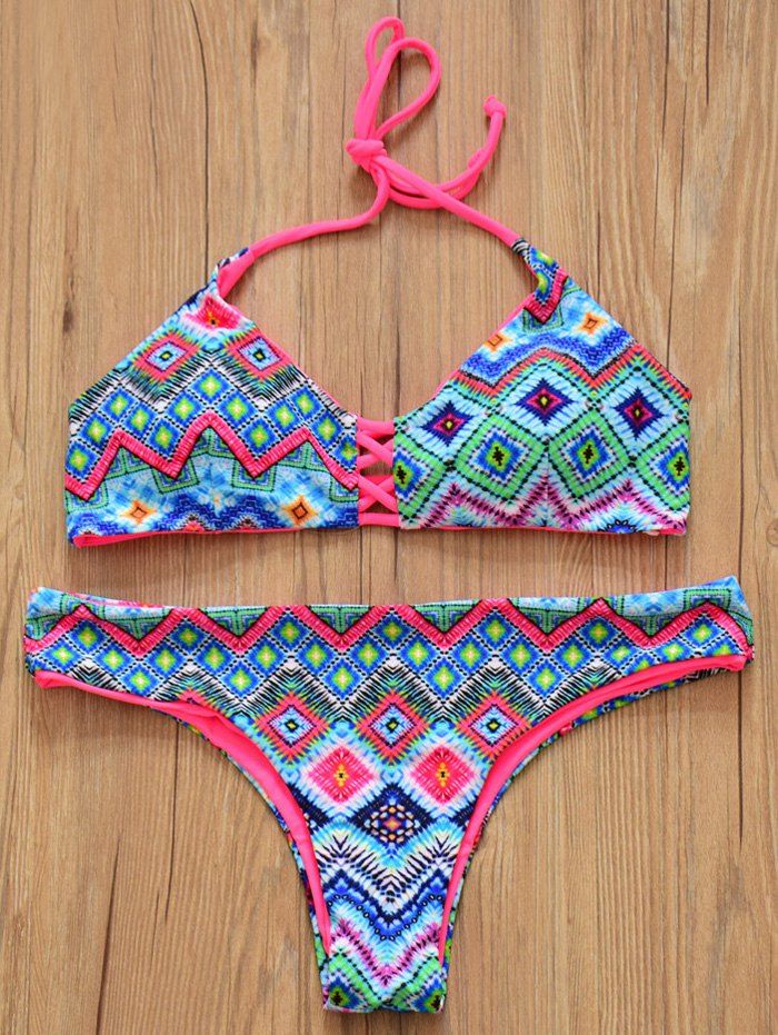 

Chic Halter Double-Wear Geometric Print Zig Zag Women' Bikini Set, Rose red