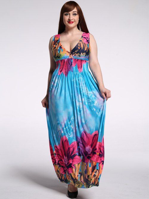 Water Blue 5xl Sleeveless Floral Backless Plus Size Hawaiian Maxi Dress ...