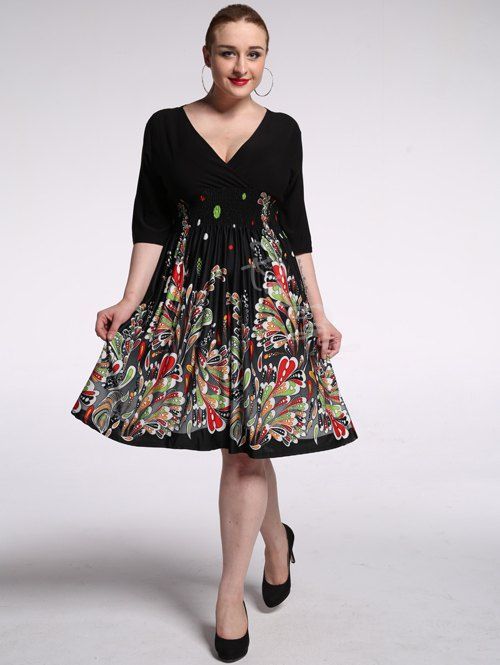 

Plus Size Plunging Half Sleeve Floral Low Cut Skater Dress, Black