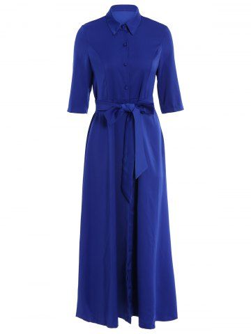 Blue M Stylish Shirt Collar Half Sleeve Self-tie Dress For Women ...