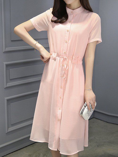 [30 OFF] Stylish Women's Stand Collar Drawstring Chiffon Dress Rosegal
