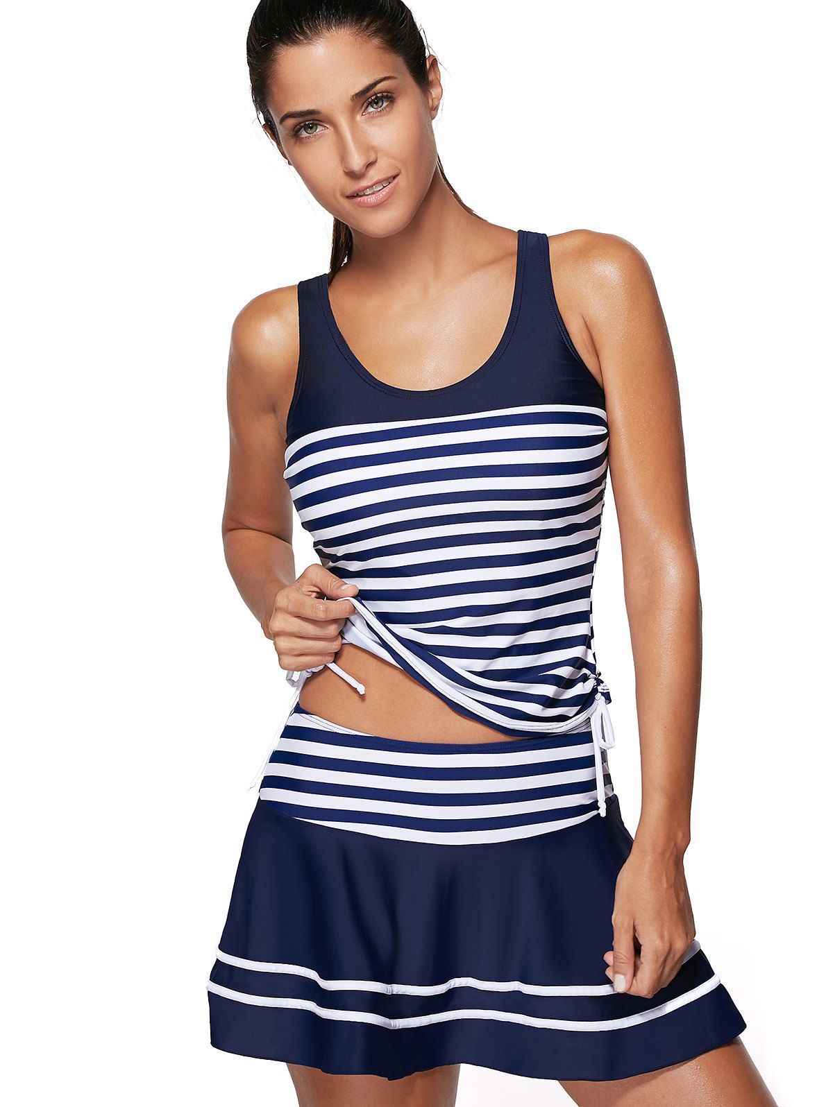 [14% OFF] Striped Padded Racerback Skirted Tankini Swimwear | Rosegal