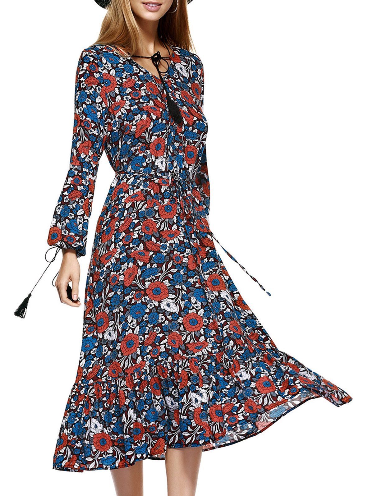 [68% OFF] Midi Swing Floral Long Sleeve Flowing Dress | Rosegal