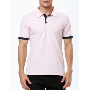 

Refreshing Turn-down Collar Purfled Fitted Short Sleeves T-Shirt For Men, Pink