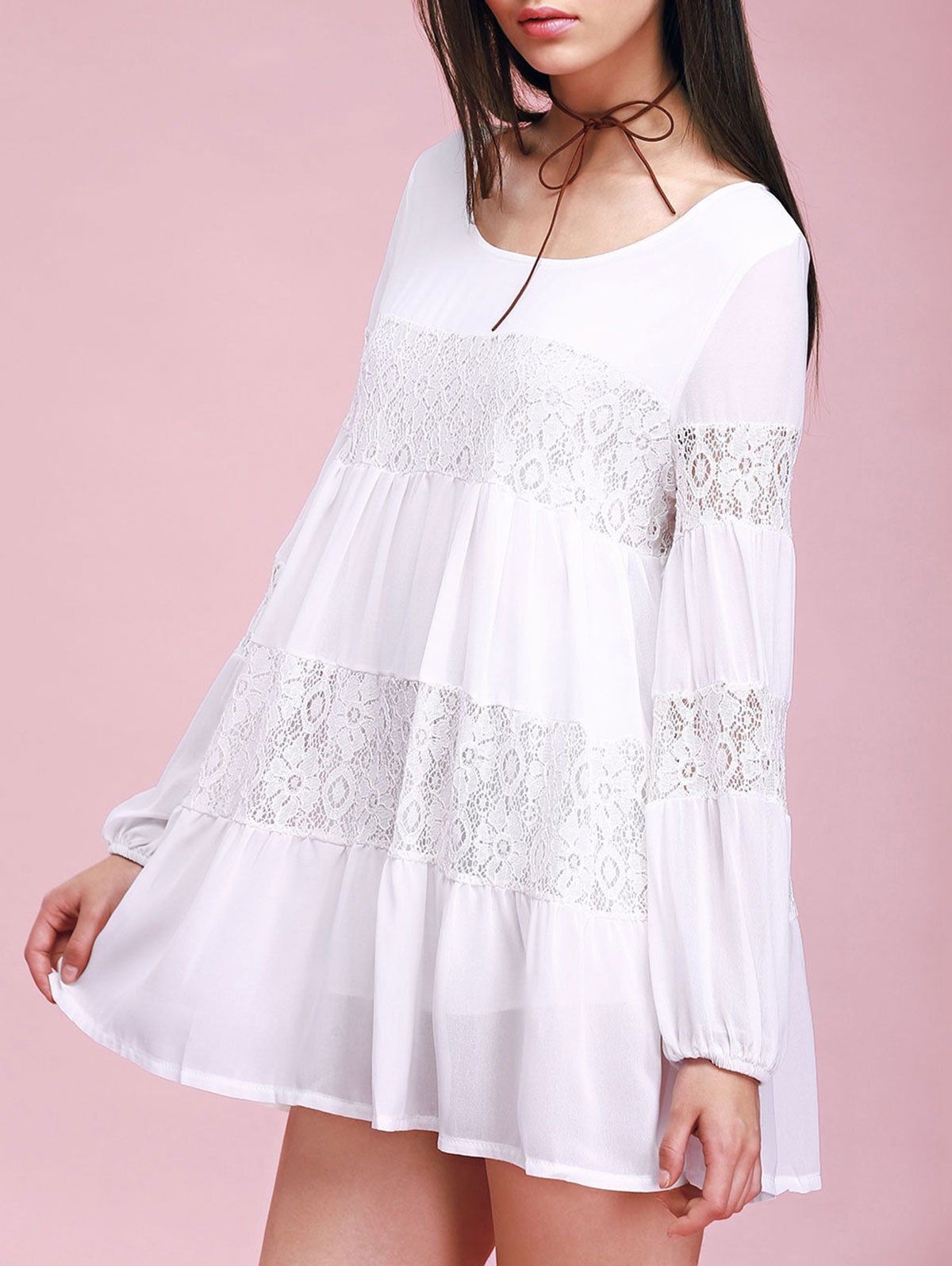 [57% OFF] Lace Insert Mini Casual Swing Dress With Sleeves | Rosegal