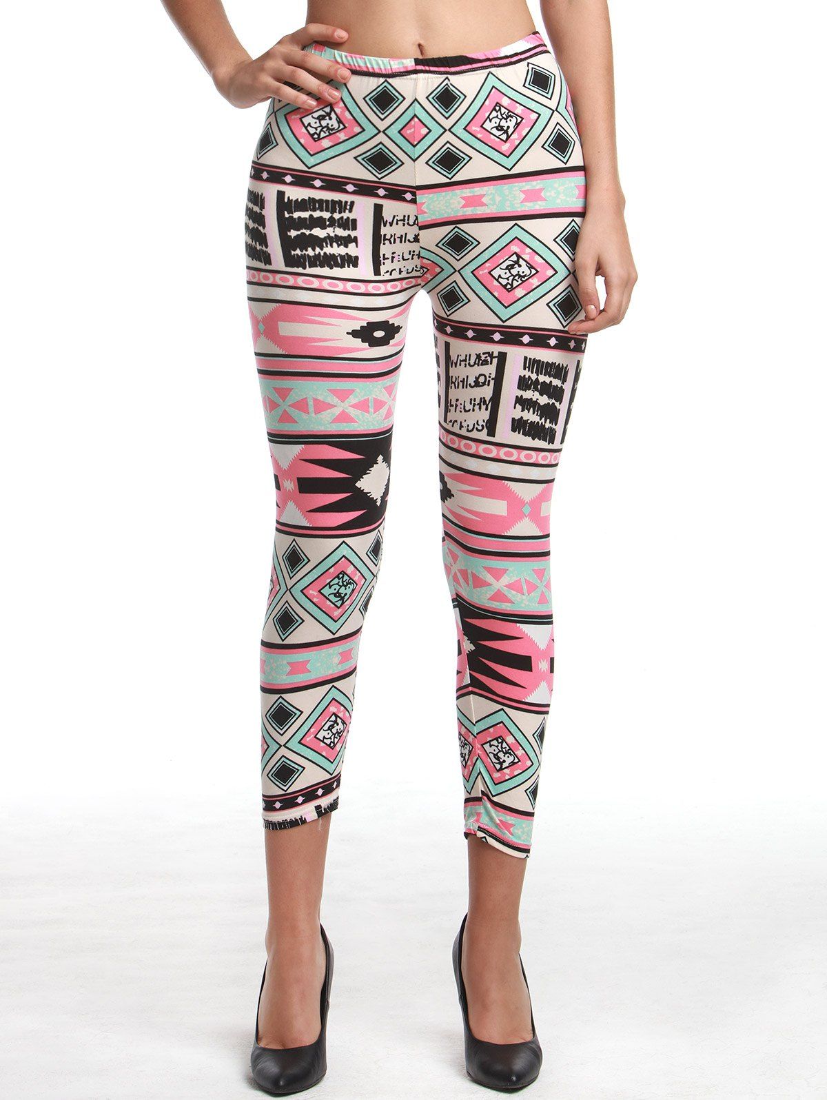 

Chic Women's High Waist Geometrical Print Hit Color Capri Leggings, Colormix