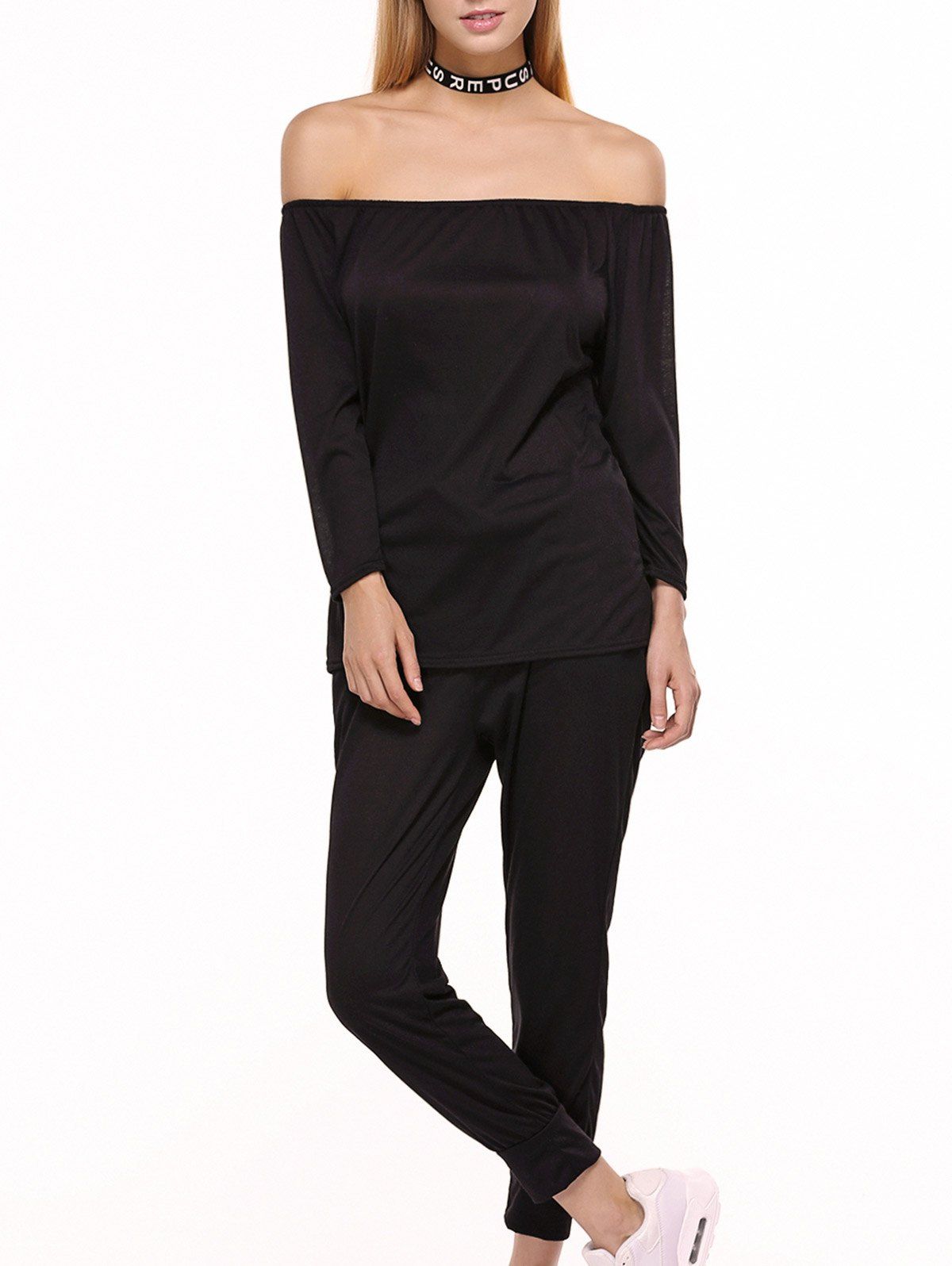 

Off Shoulder Top with Drawstring Running Jogger Pants, Black