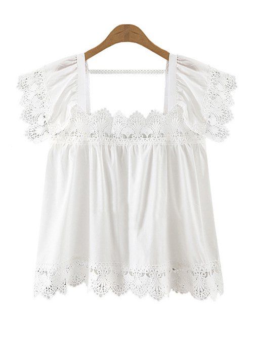 

Trendy Women's Square Neck Lace Splicing Top, White