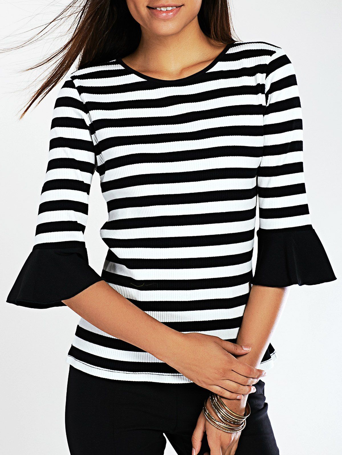 [35% OFF] Stylish Flare Sleeve Striped Women's Knitted T-Shirt | Rosegal