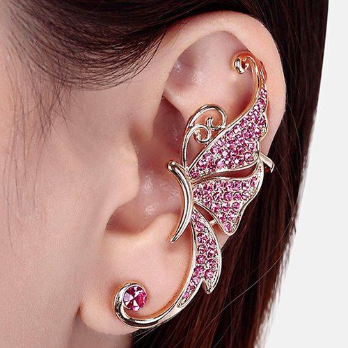 

One Piece Rhinestone Butterfly Ear Cuff, Pink