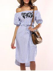 Flowers Striped Off The Shoulder Shirt Dress -  