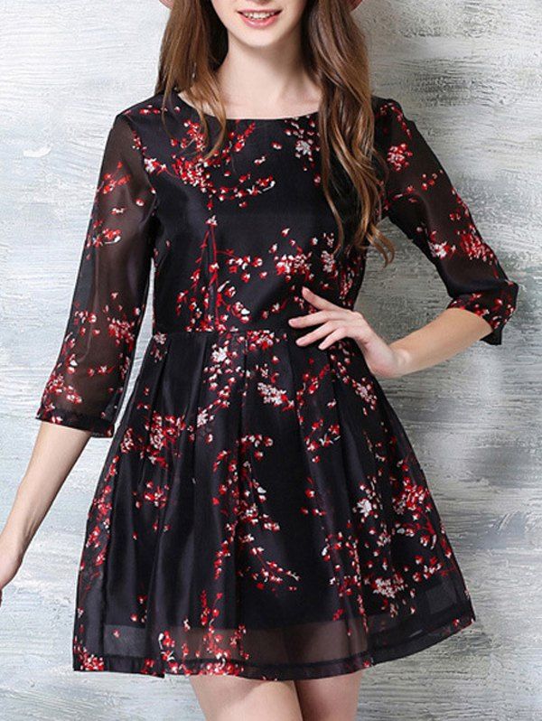 Online 3/4 Sleeve Floral Print Party Dress  