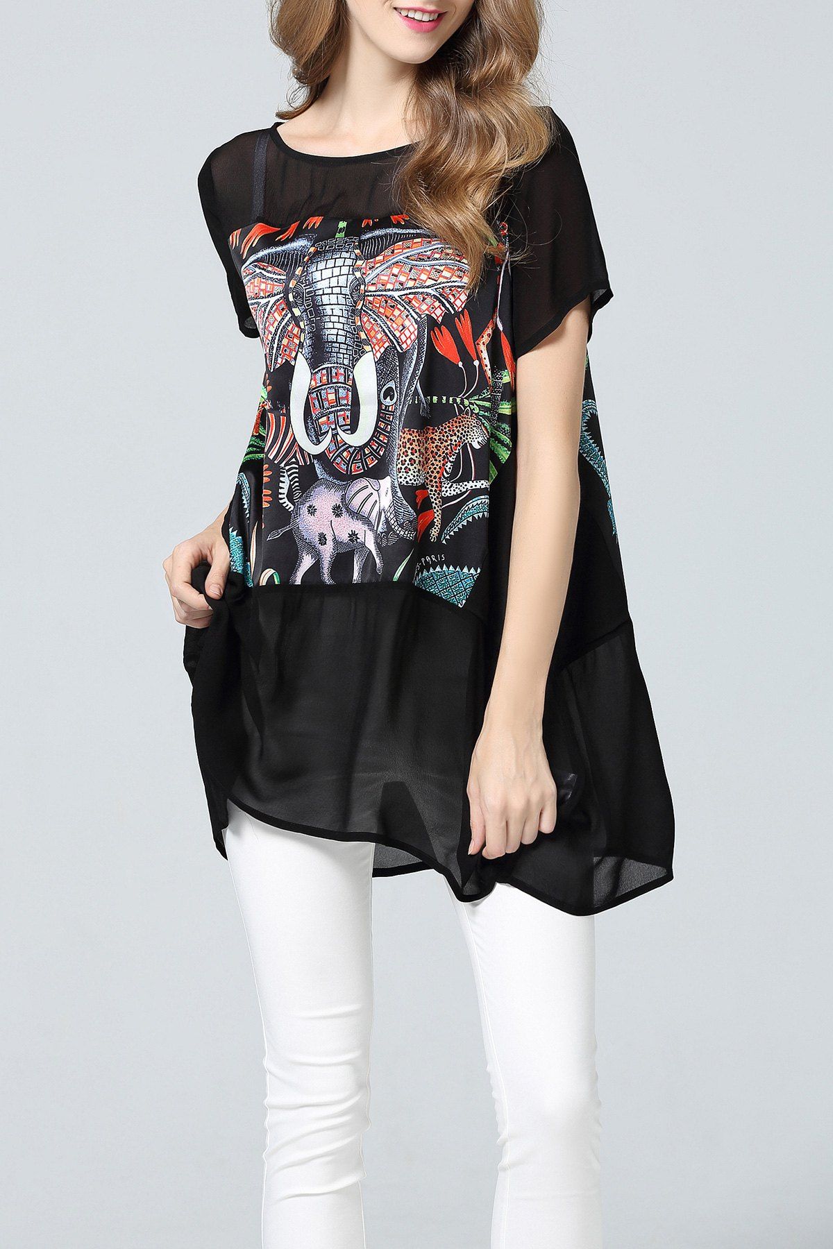 

Elephant Print Asymmetrical Silk Tunic, Black