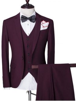 Lapel unique poitrine Couleur unie à manches longues costume trois-pièces (Blazer + Gilet + pantalon) pour les hommes - WINE RED - L