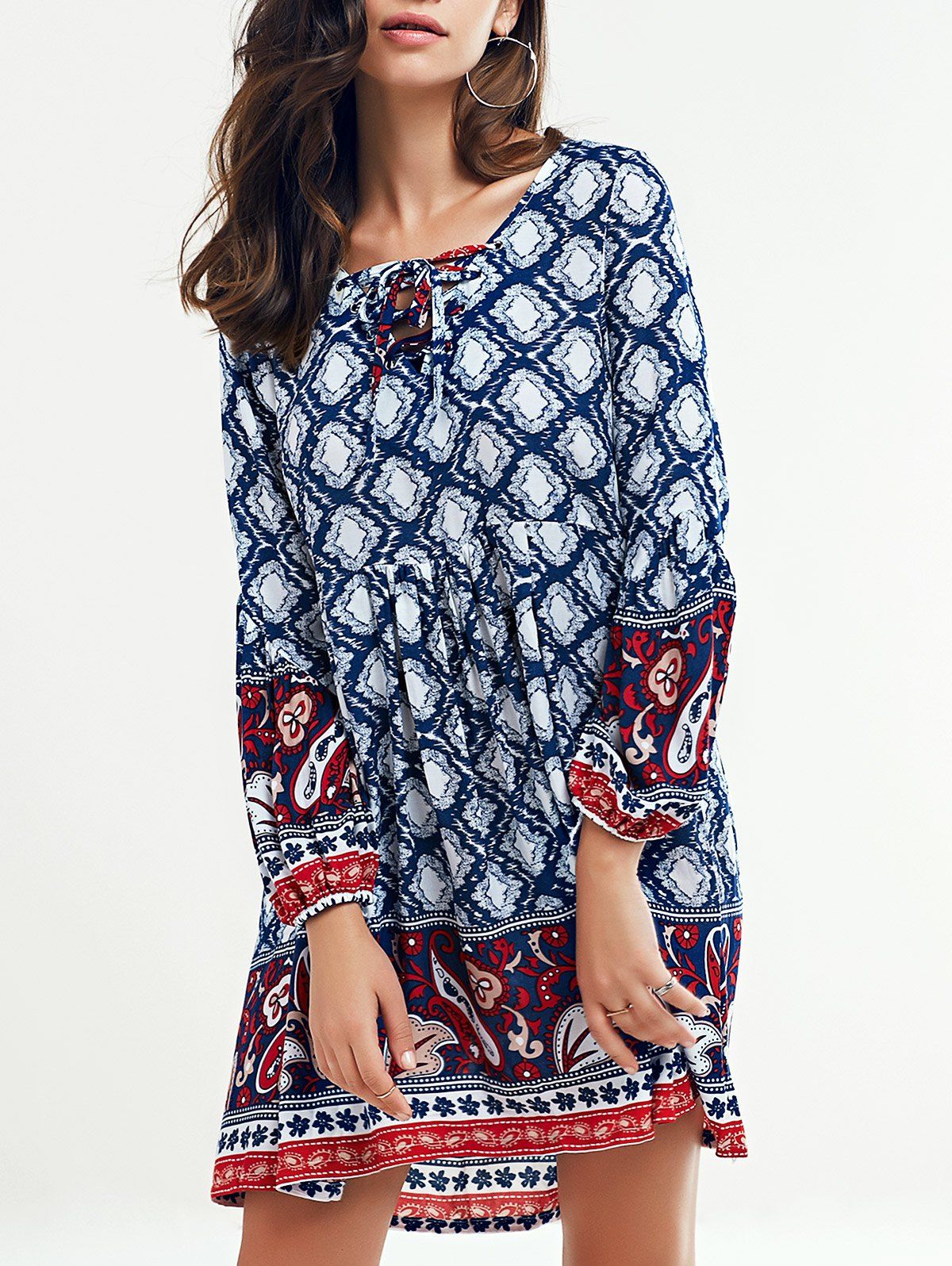 [6% OFF] Tribal Printed Lace Up Long Sleeve Dress | Rosegal