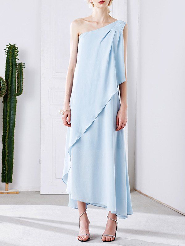 Light Blue S Stylish One Shoulder Light Blue Chiffon Women's Maxi Dress ...