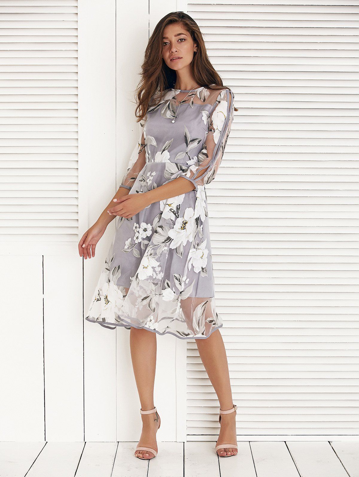 [15 OFF] Women's Voile Splicing 3/4 Sleeve Floral Print Dress Rosegal