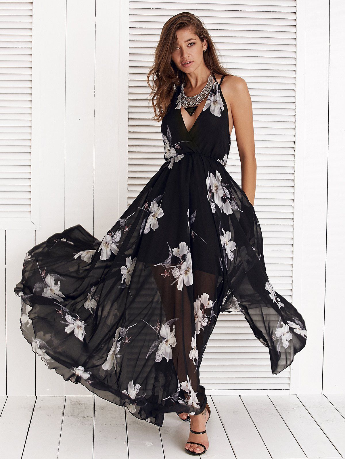[39% OFF] Floral Print Spaghetti Strap High Slit Chiffon Dress | Rosegal