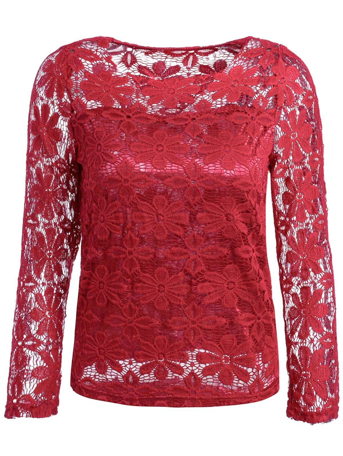 [26% OFF] Fashionable Round Neck Lace Crochet Flowers Long Sleeve Women ...