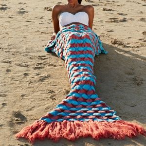 

High Quality Wool Knitting Fish Scale and Tassel Design Mermaid Shape Blanket, Jacinth