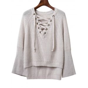 

Fashion V Neck Long Sleeve Lace Up Sweater For Women, Light gray