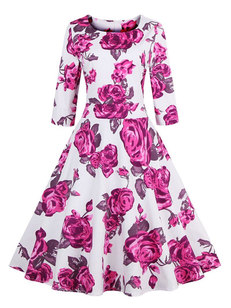 [83% OFF] Vintage 3/4 Sleeve Swing Floral Dress | Rosegal