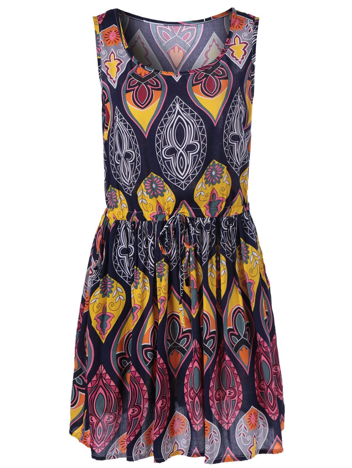 [20 OFF] Stylish Tie Waist Scoop Neck Tribal Print Dress For Women