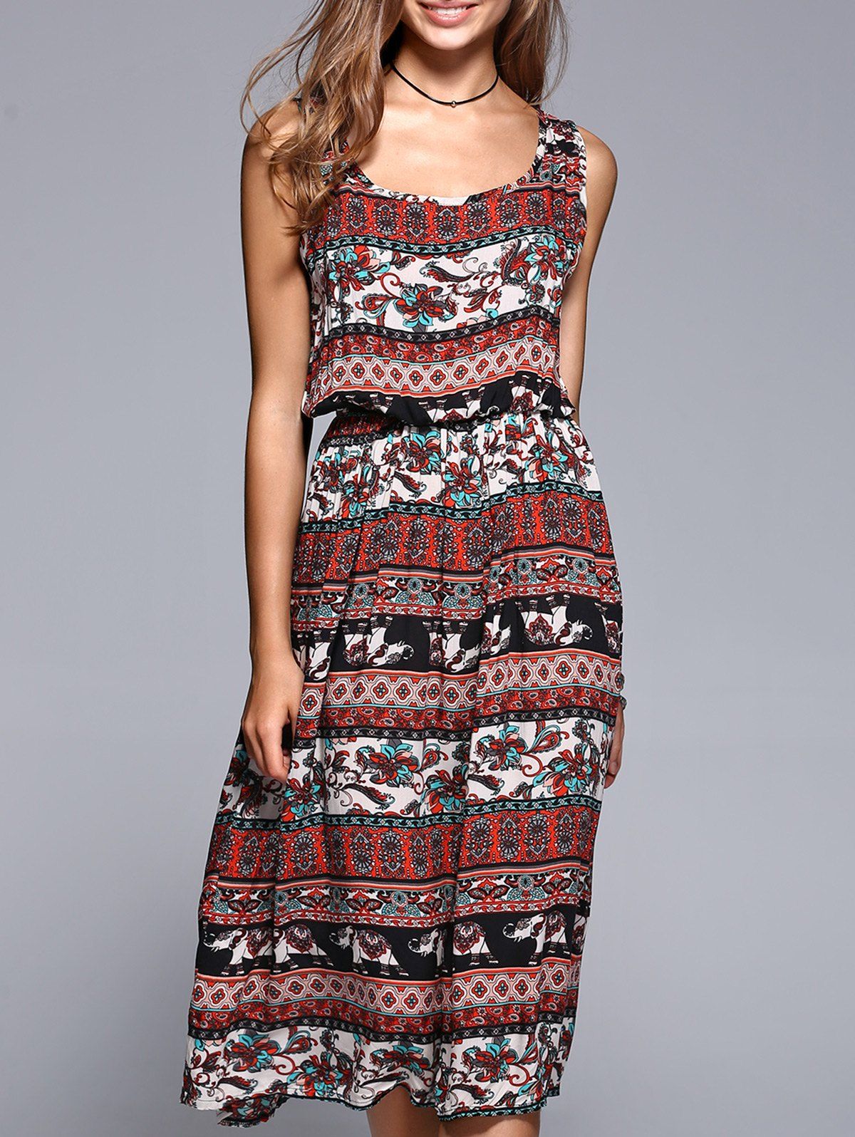 [48% Off] Bohemian Style Tribal Pattern Elastic Waist Midi Dress 