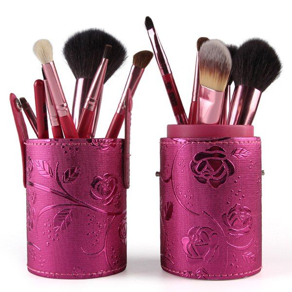 

Stylish 12 Pcs Goat Hair Pony Hair Face Eye Lip Makeup Brushes Set with Brush Holder, Red