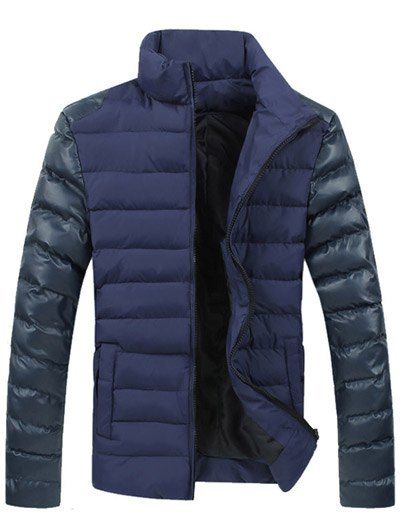 

Leather Spliced Zippered Long Sleeve Stand Collar Down Coat For Men, Blue