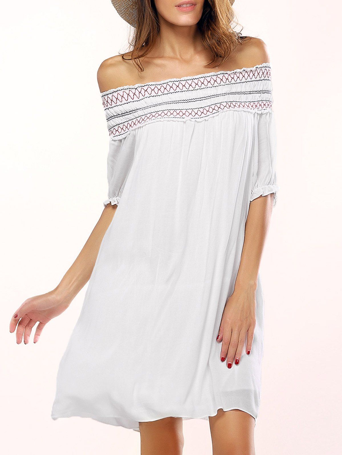 White S Off The Shoulder Geometric Embroidered Shift Dress | RoseGal.com