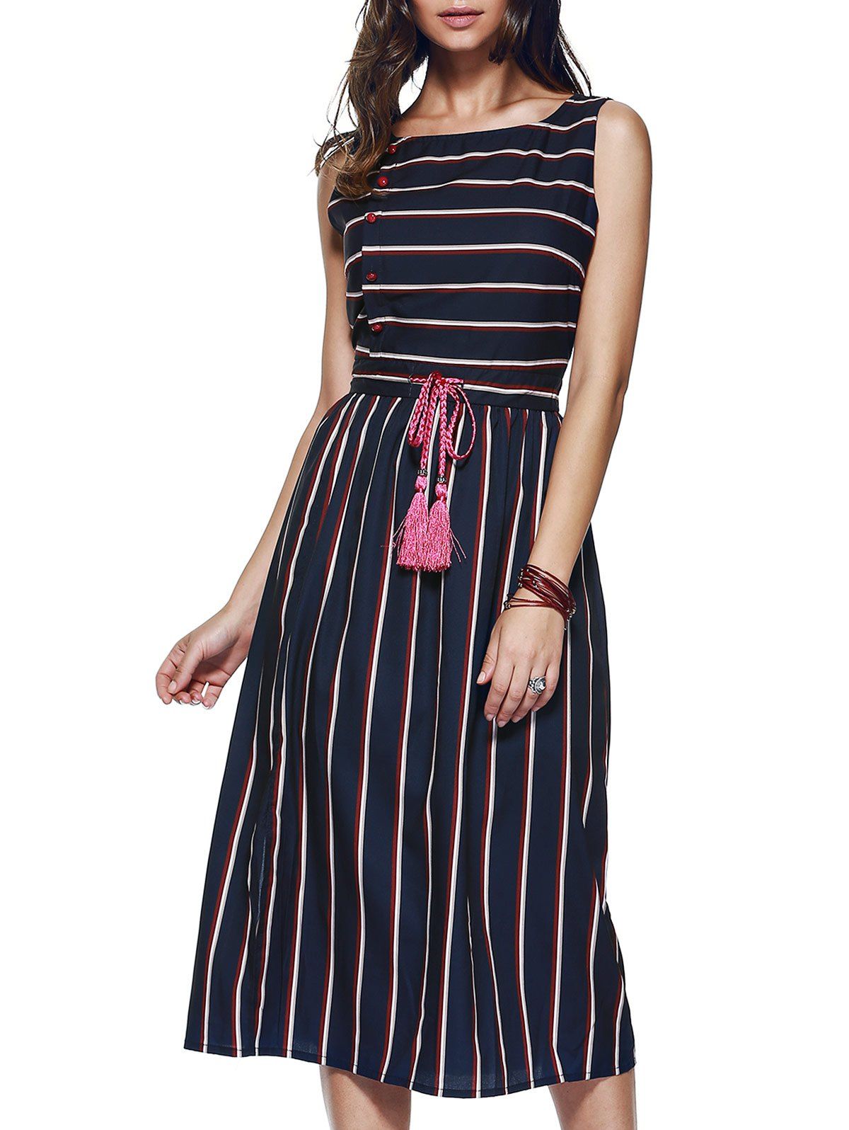 Deep Blue S Drawstring Striped Side Button Dress | RoseGal.com