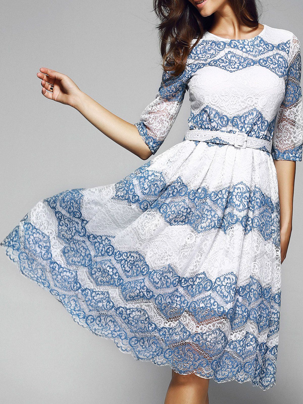 White Xl Stunning Tie Belt Print Lace Dress