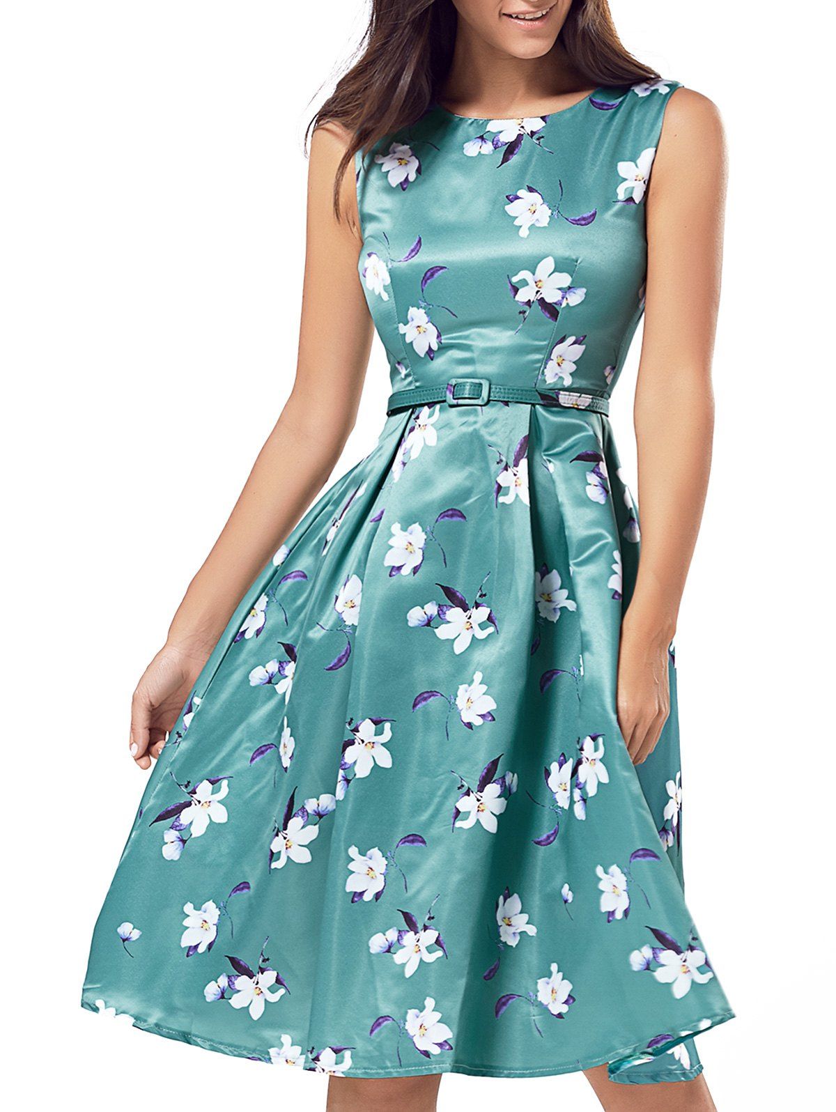 Green Xl Belted Printed High Waist Dress | RoseGal.com