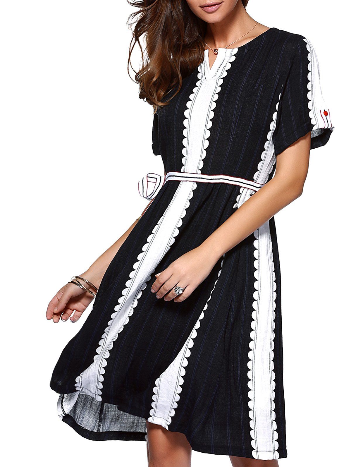 2018 Sweet Women's Striped Crochettrim Dress In Deep Blue S