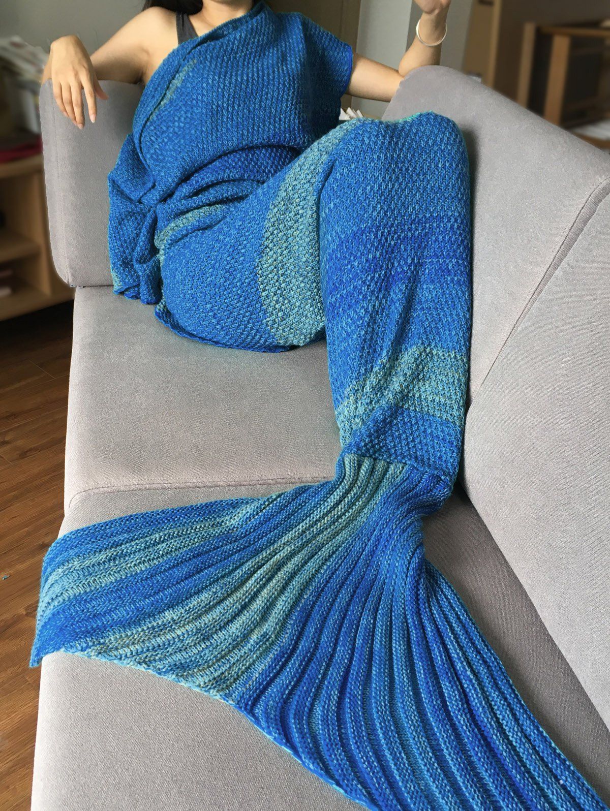 

Crochet Stripe Pattern Mermaid Tail Shape Blanket, Deep blue